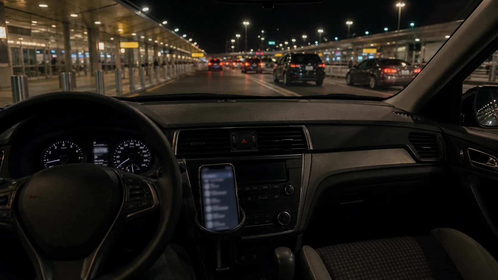 Interior of a vehicle during a late-night airport pickup, passenger seat visible.