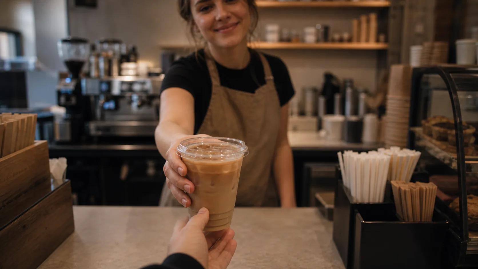 A barista handing a coffee drink across a counter during a routine customer transaction.