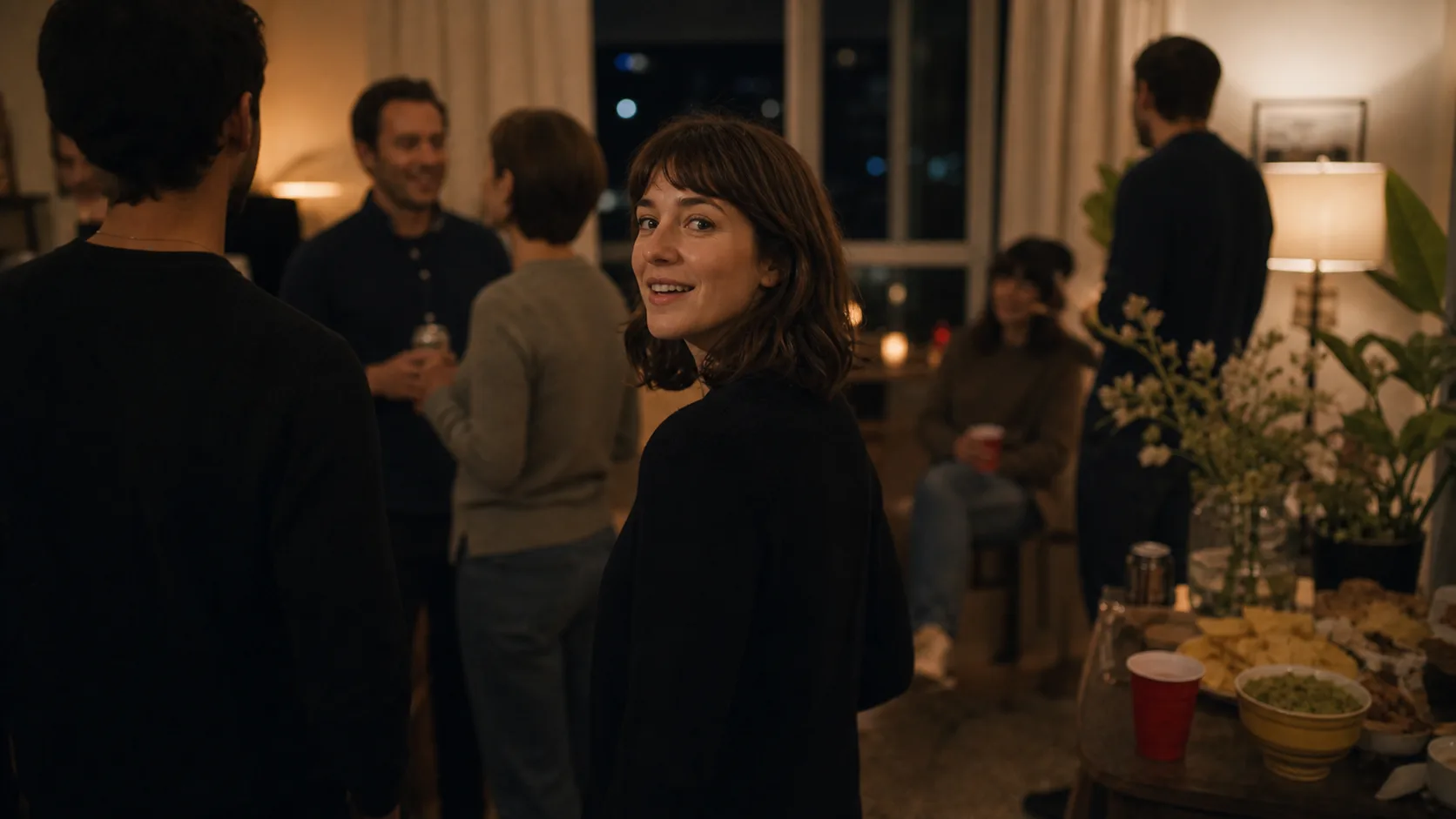 Two people at a social gathering, one reacting to being addressed by name.