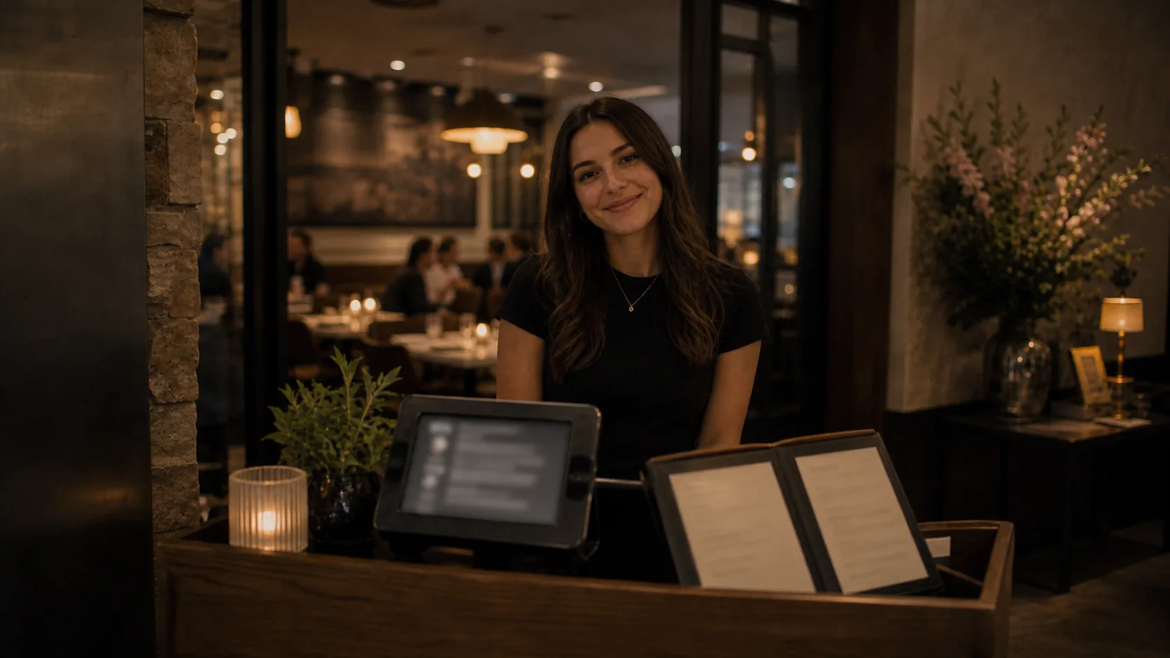 A service worker smiling professionally during a customer interaction, consistent with standard employment requirements.
