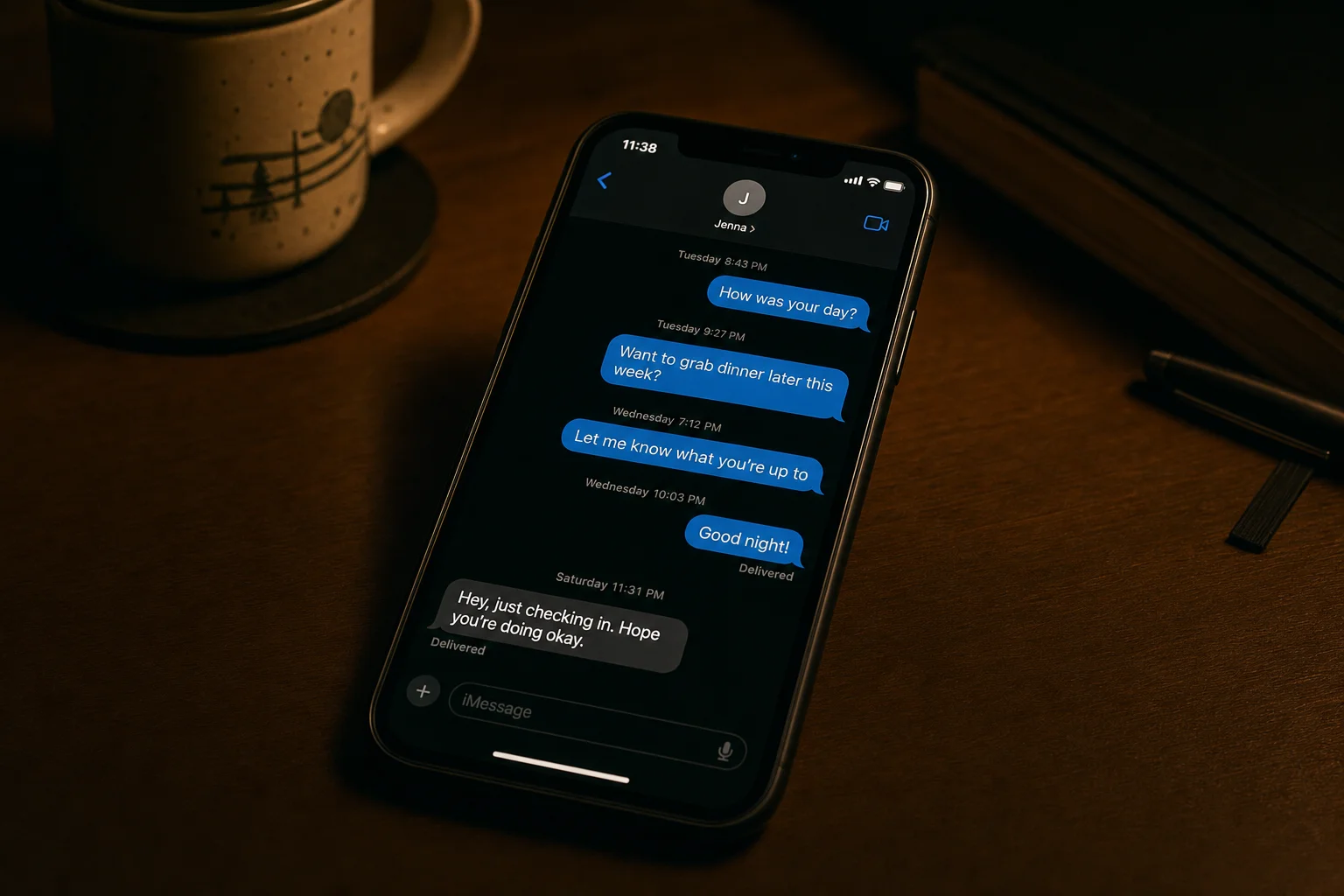 A phone screen showing a text thread with several outgoing messages mid-week and a single unread message sent Saturday night, marked Delivered with no response.